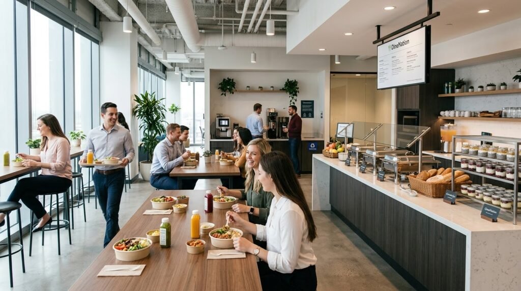 Colleagues having lunch in a bright office kitchen with a Dine Nation menu screen and a buffet counter